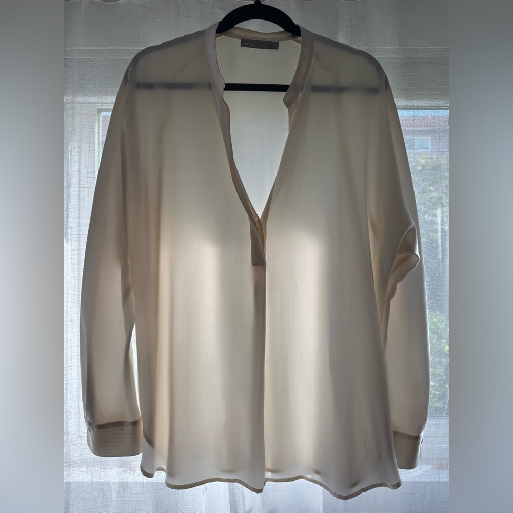 Vince Ivory Cream Silk Split Band Collar Blouse Tunic Top - M